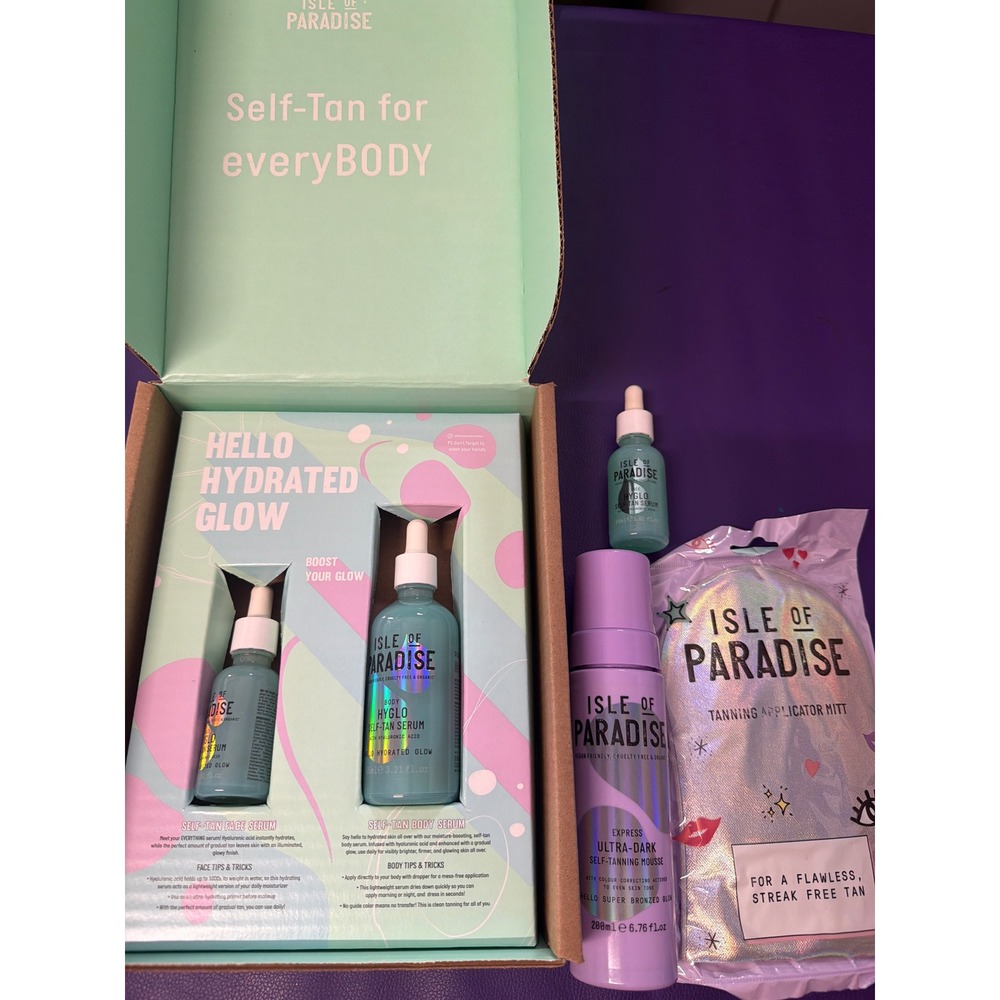 Isle of Paradise Hello Hydrated Glow Set Hyglo Serum Mousse & Mitt New